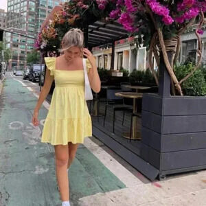 Reformation Jeune Lemon Yellow Zest Ruffle Sleeve Cotton Mini Dress Size 12